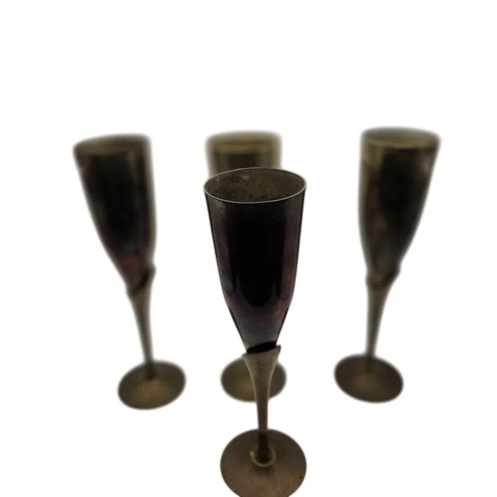 Set of 4 Vintage Brass Metallic Champagne Flutes Vintage Holiday‎